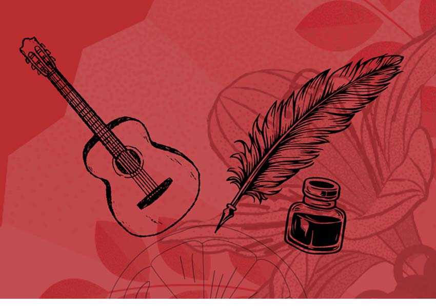 Dibuix d'una guitarra, una ploma i un tinter